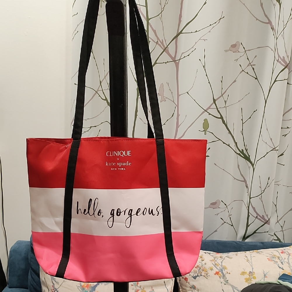 Kate Spade Red and Pink Striped Tote and Pouch Set
